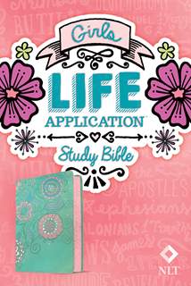 NLT Girls Life Application Study Bible: LeatherLike, Seafoam Teal/Pink Flowers